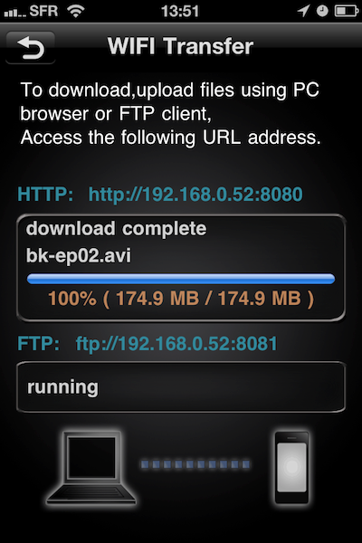 AnyPlayer écran de transfert WIFI