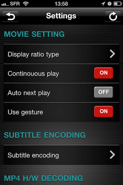 AnyPlayer écran des paramètres 